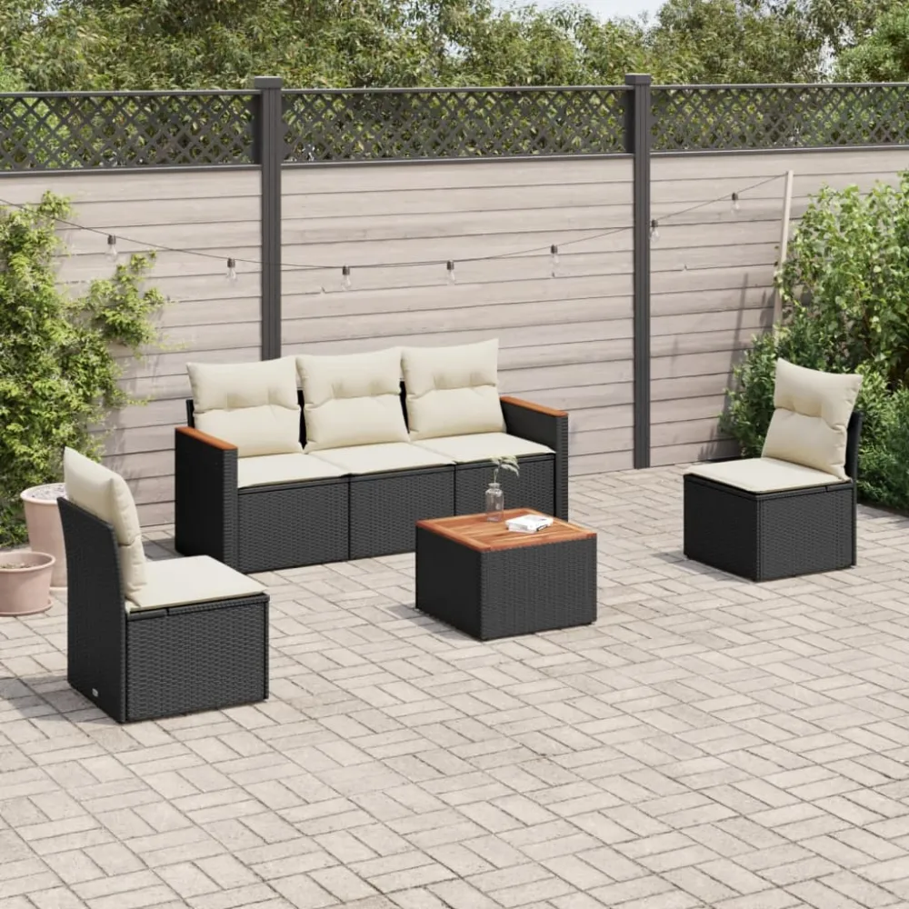 6-delige Loungeset met kussens poly rattan zwart vidaXL