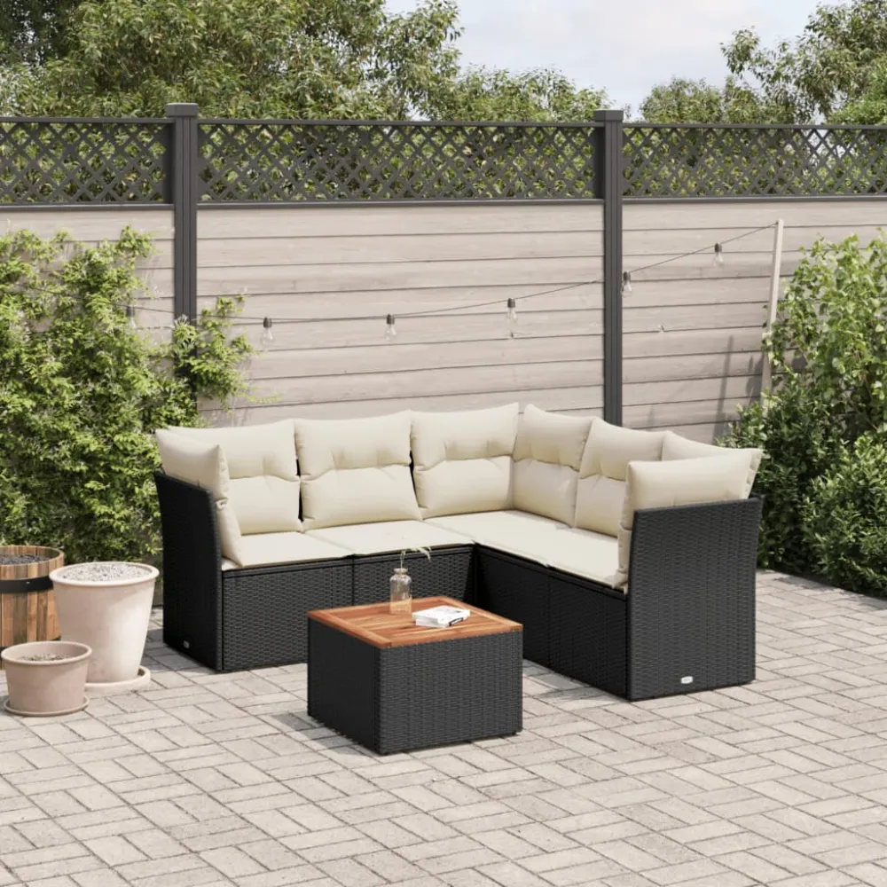 6-delige Loungeset met kussens poly rattan zwart vidaXL