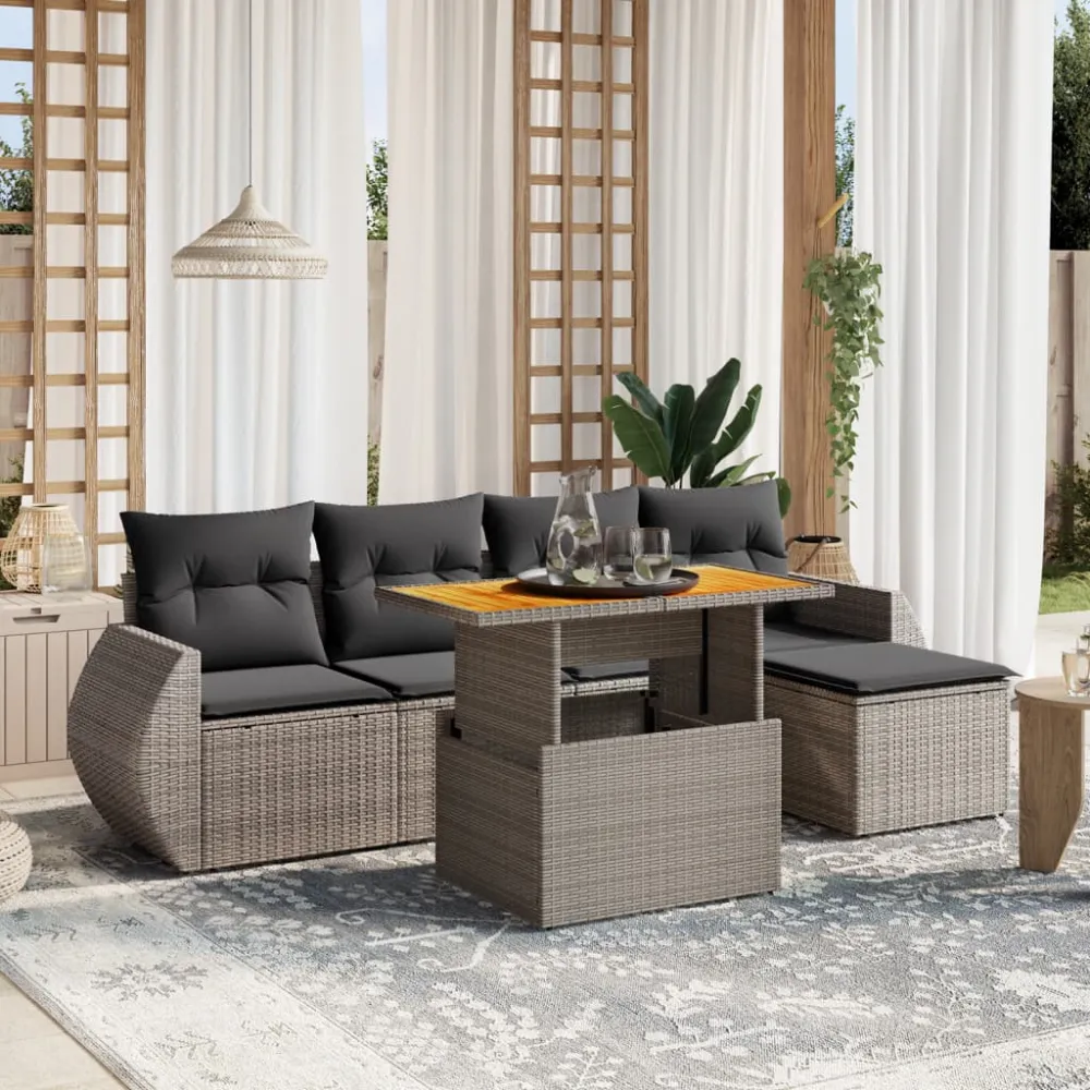 6-delige Loungeset met kussens poly rattan grijs vidaXL