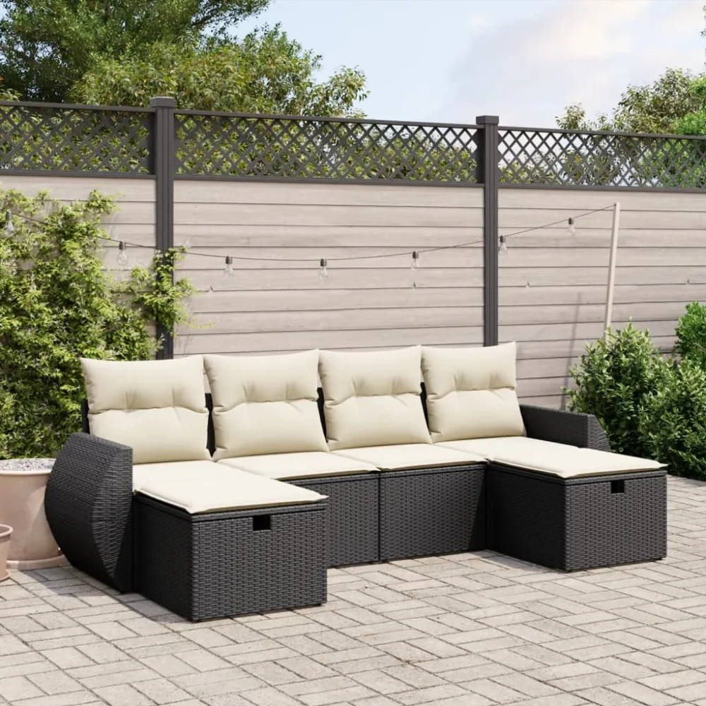6-delige Loungeset met kussens poly rattan zwart vidaXL