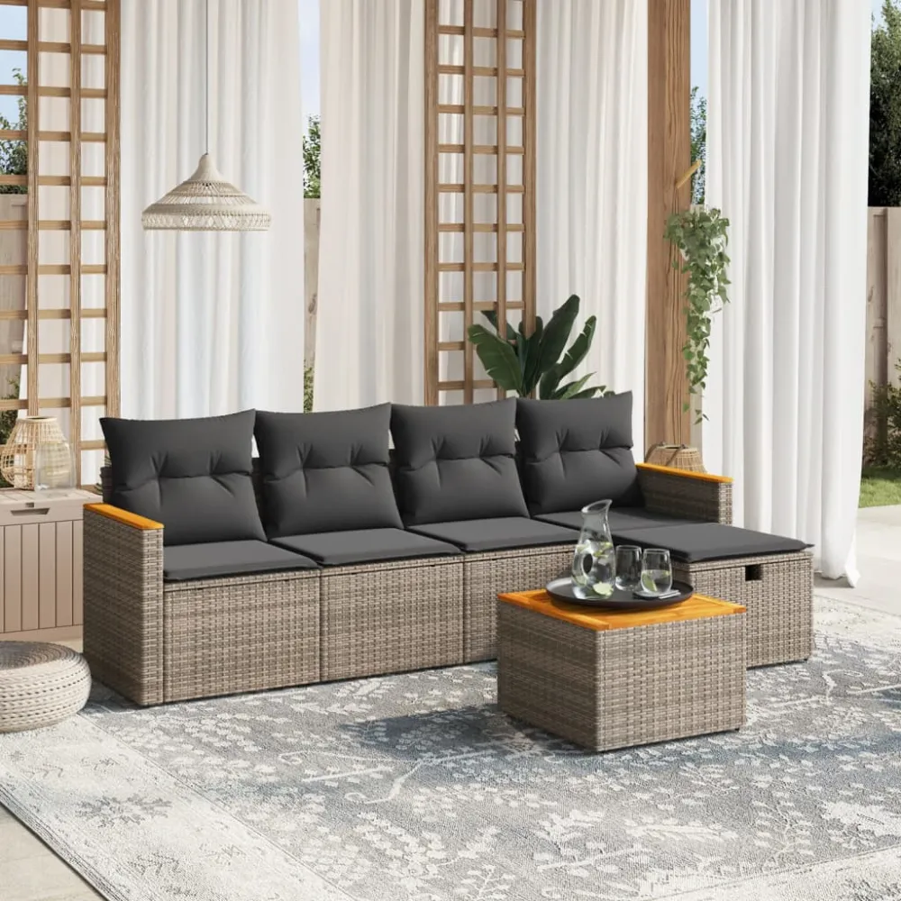 6-delige Loungeset met kussens poly rattan grijs vidaXL
