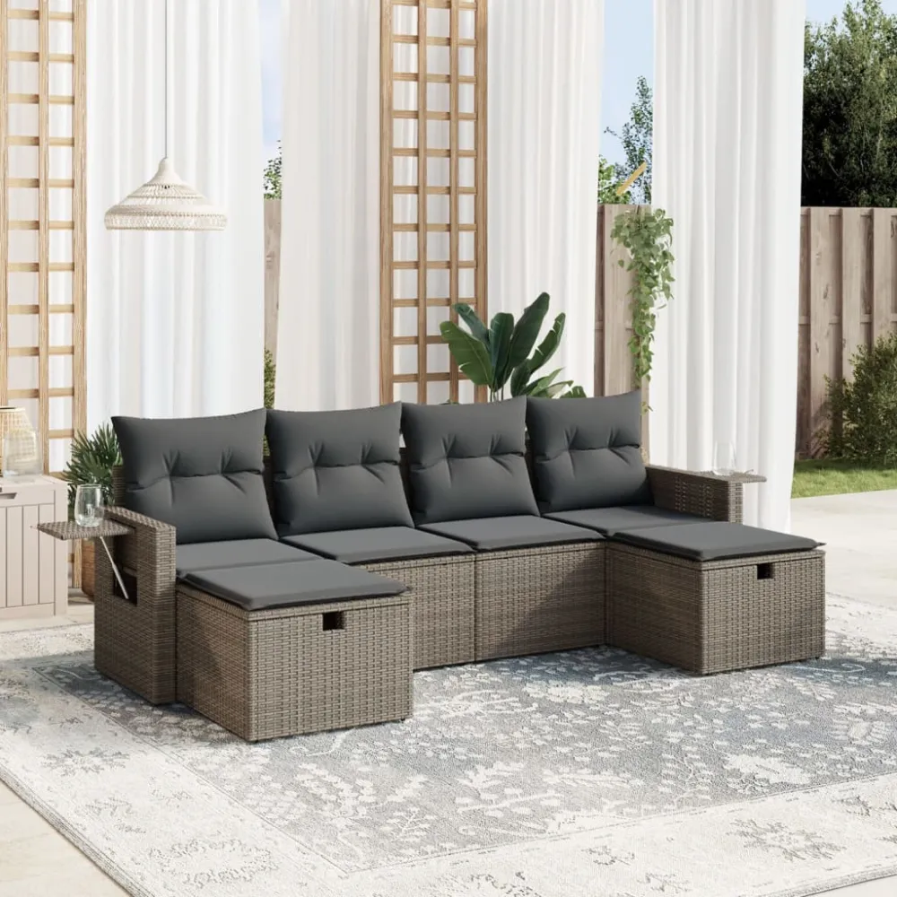 6-delige Loungeset met kussens poly rattan grijs vidaXL
