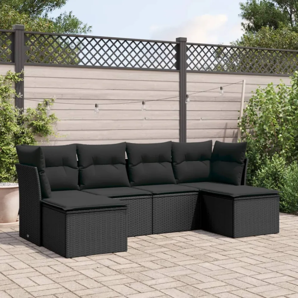 6-delige Loungeset met kussens poly rattan zwart vidaXL