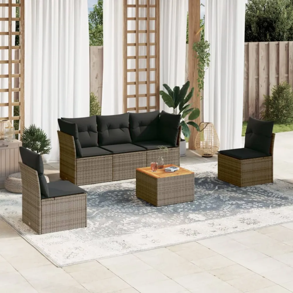 6-delige Loungeset met kussens poly rattan grijs vidaXL