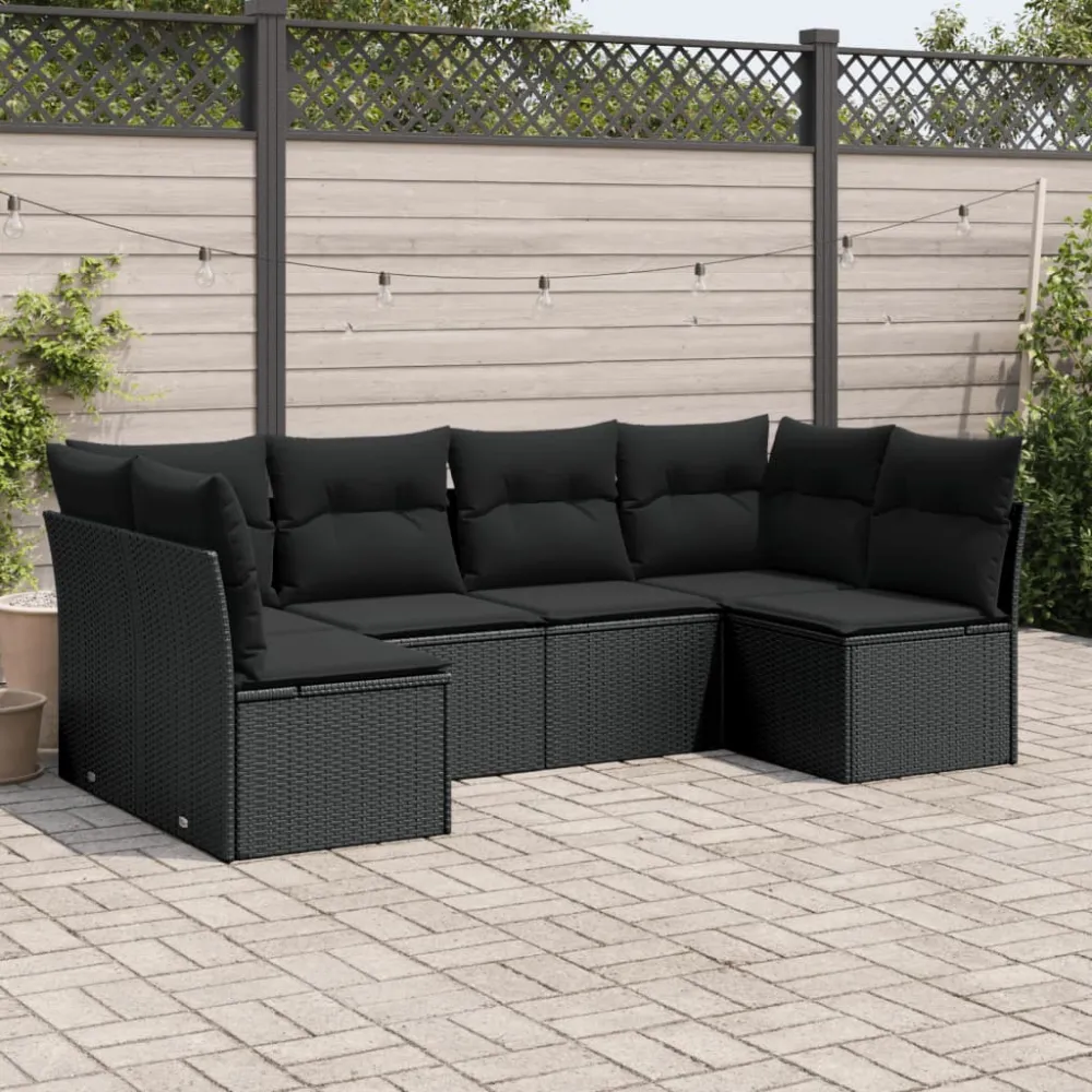 6-delige Loungeset met kussens poly rattan zwart vidaXL
