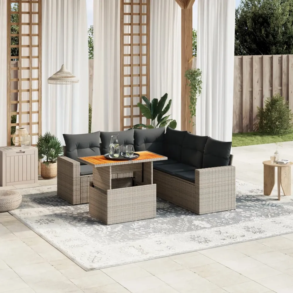 6-delige Loungeset met kussens poly rattan grijs vidaXL