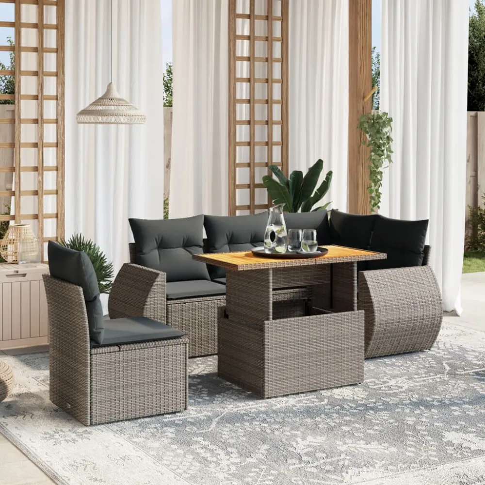 6-delige Loungeset met kussens poly rattan grijs vidaXL