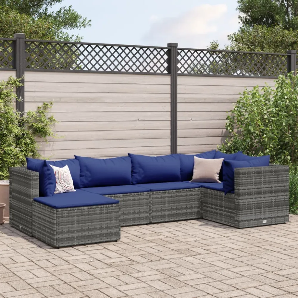 6-delige Loungeset met kussens poly rattan grijs vidaXL