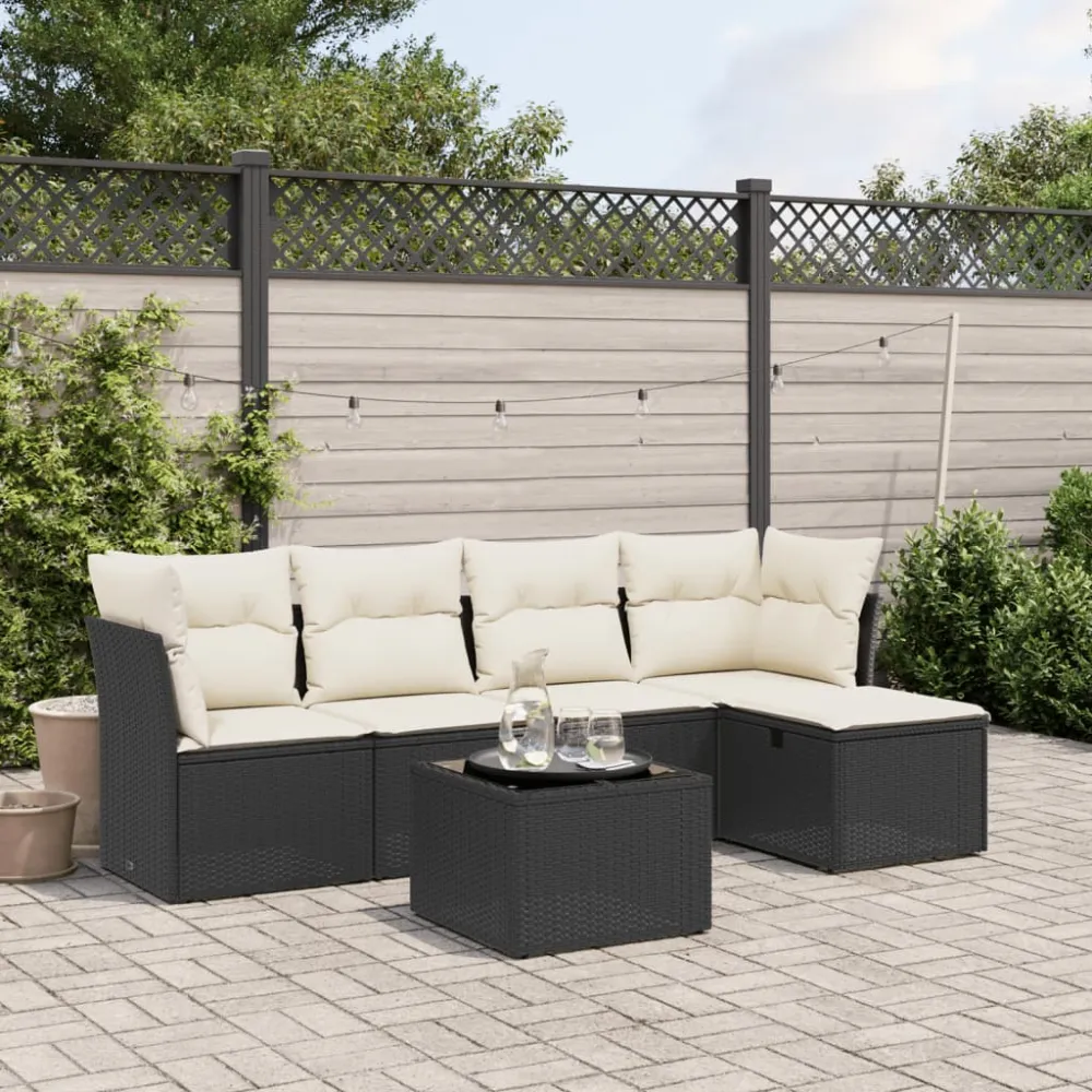 6-delige Loungeset met kussens poly rattan zwart vidaXL