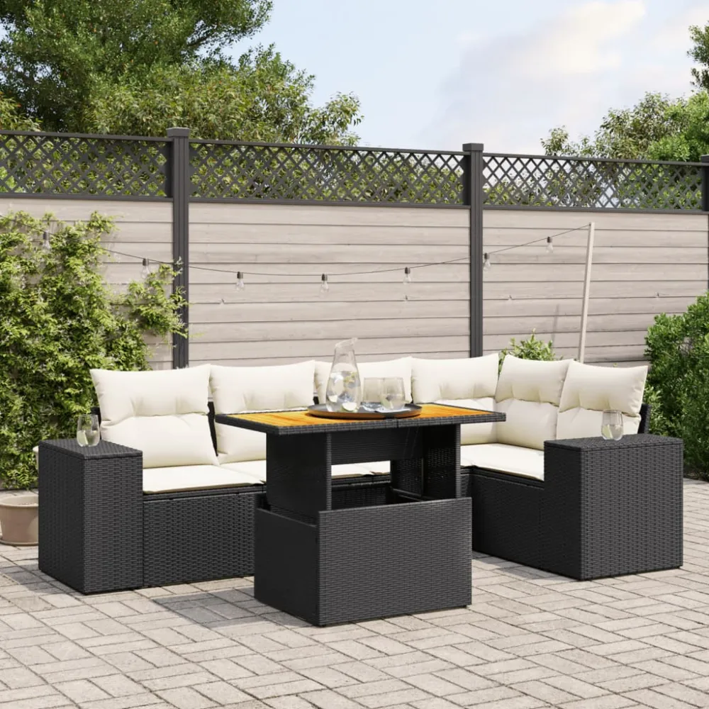 6-delige Loungeset met kussens poly rattan zwart vidaXL