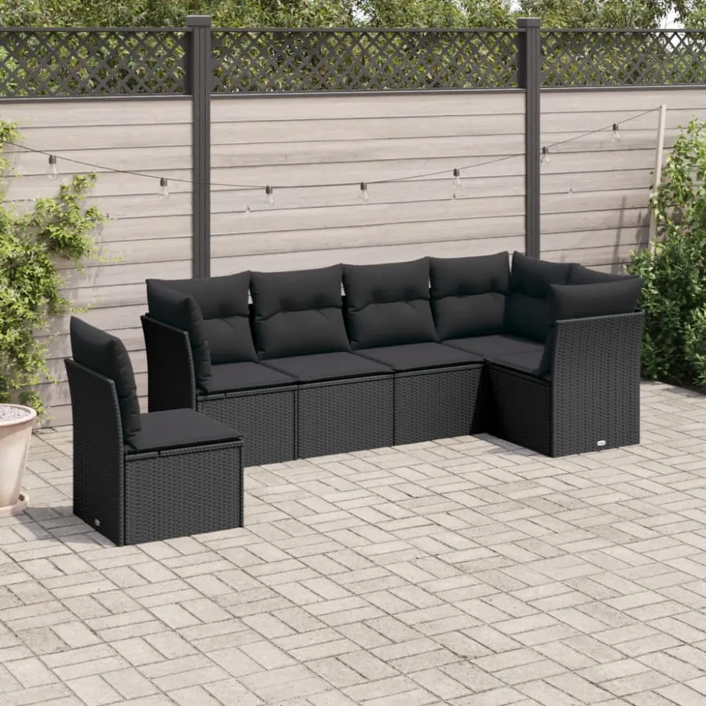 6-delige Loungeset met kussens poly rattan zwart vidaXL