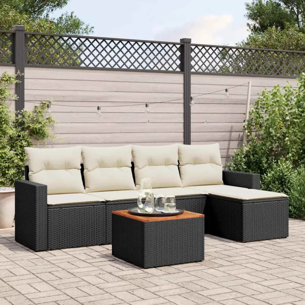 6-delige Loungeset met kussens poly rattan zwart vidaXL