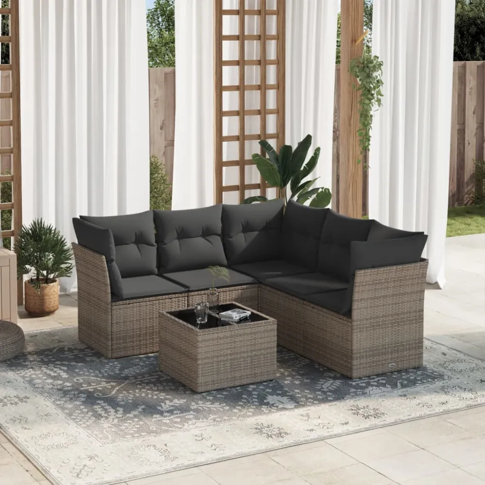 6-delige Loungeset met kussens poly rattan grijs vidaXL