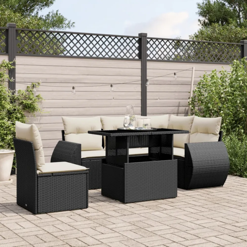 6-delige Loungeset met kussens poly rattan zwart vidaXL