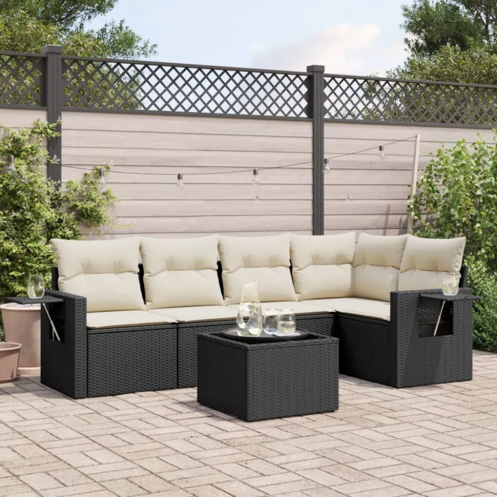 6-delige Loungeset met kussens poly rattan zwart vidaXL