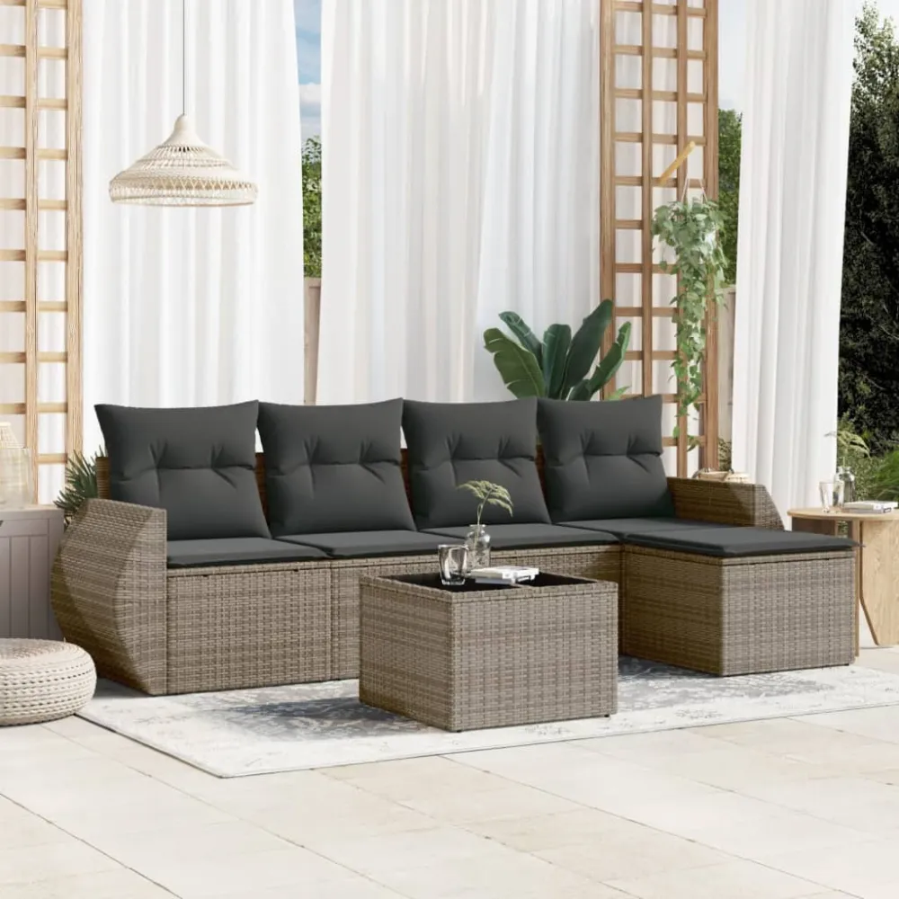 6-delige Loungeset met kussens poly rattan grijs vidaXL