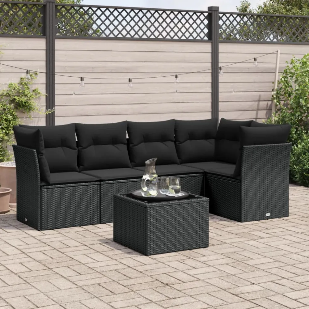 6-delige Loungeset met kussens poly rattan zwart vidaXL