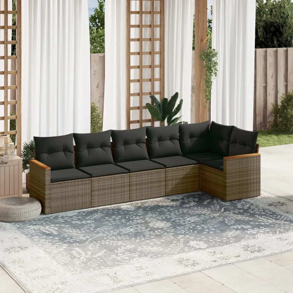 6-delige Loungeset met kussens poly rattan grijs vidaXL