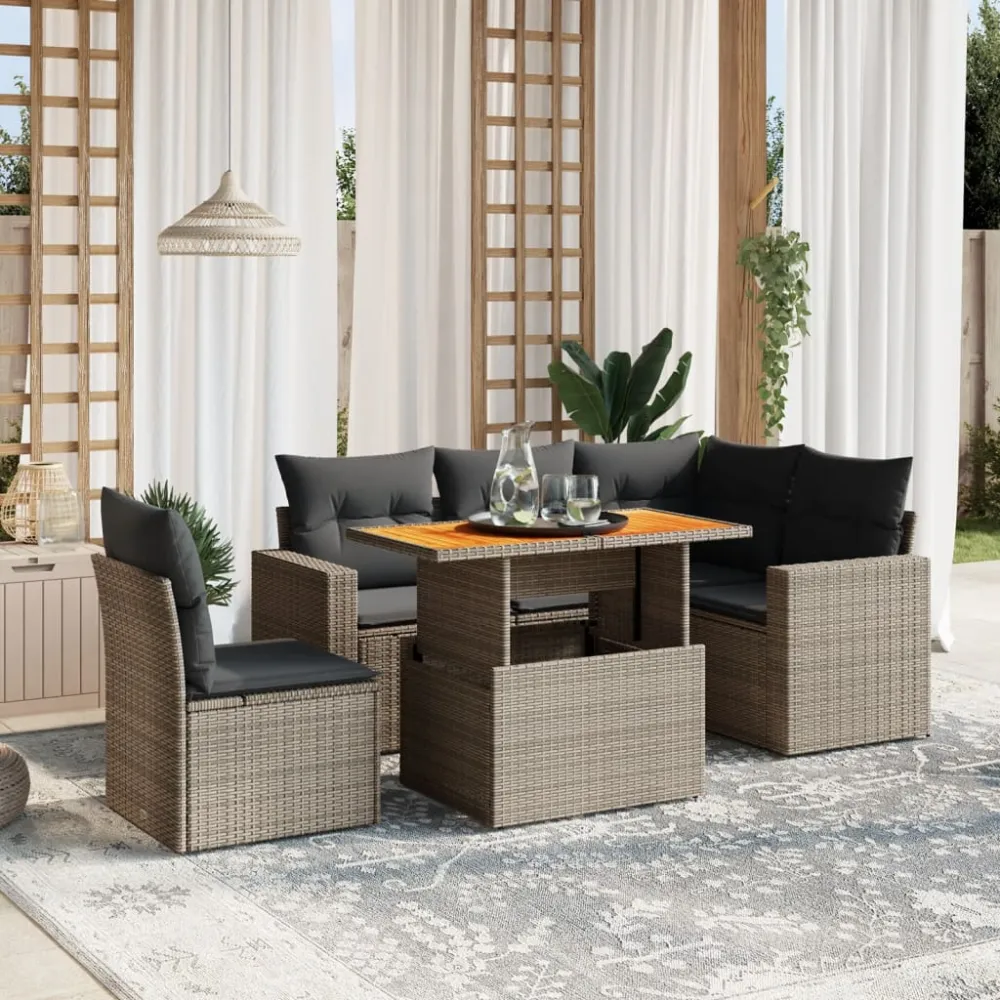 6-delige Loungeset met kussens poly rattan grijs vidaXL