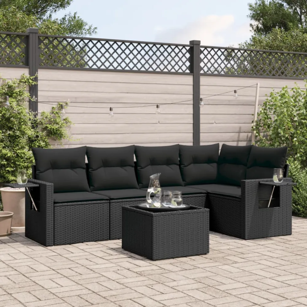 6-delige Loungeset met kussens poly rattan zwart vidaXL