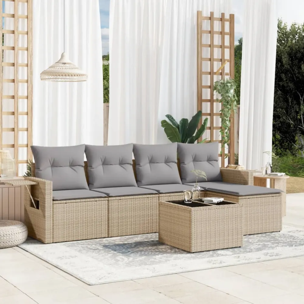 6-delige Loungeset met kussens poly rattan beige vidaXL