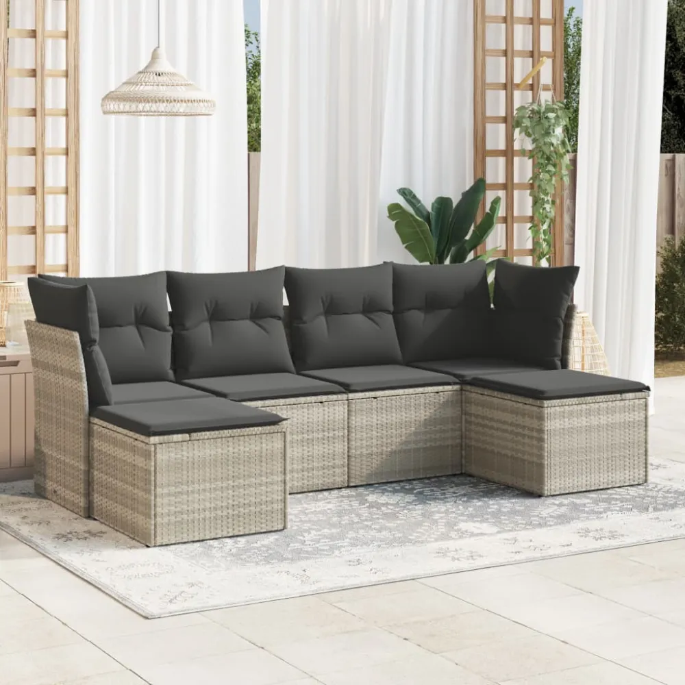 6-delige Loungeset met kussens poly rattan lichtgrijs vidaXL