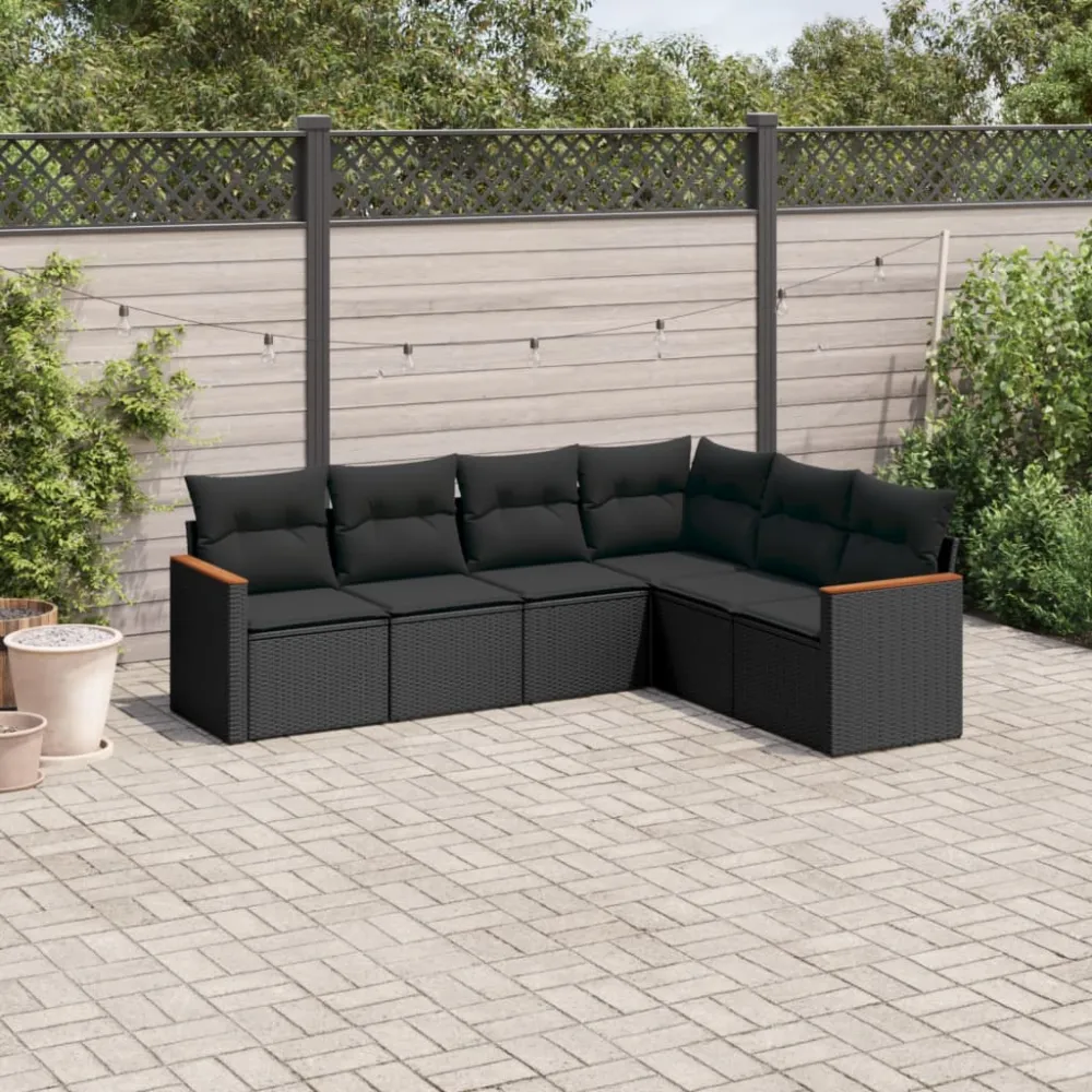 6-delige Loungeset met kussens poly rattan zwart vidaXL