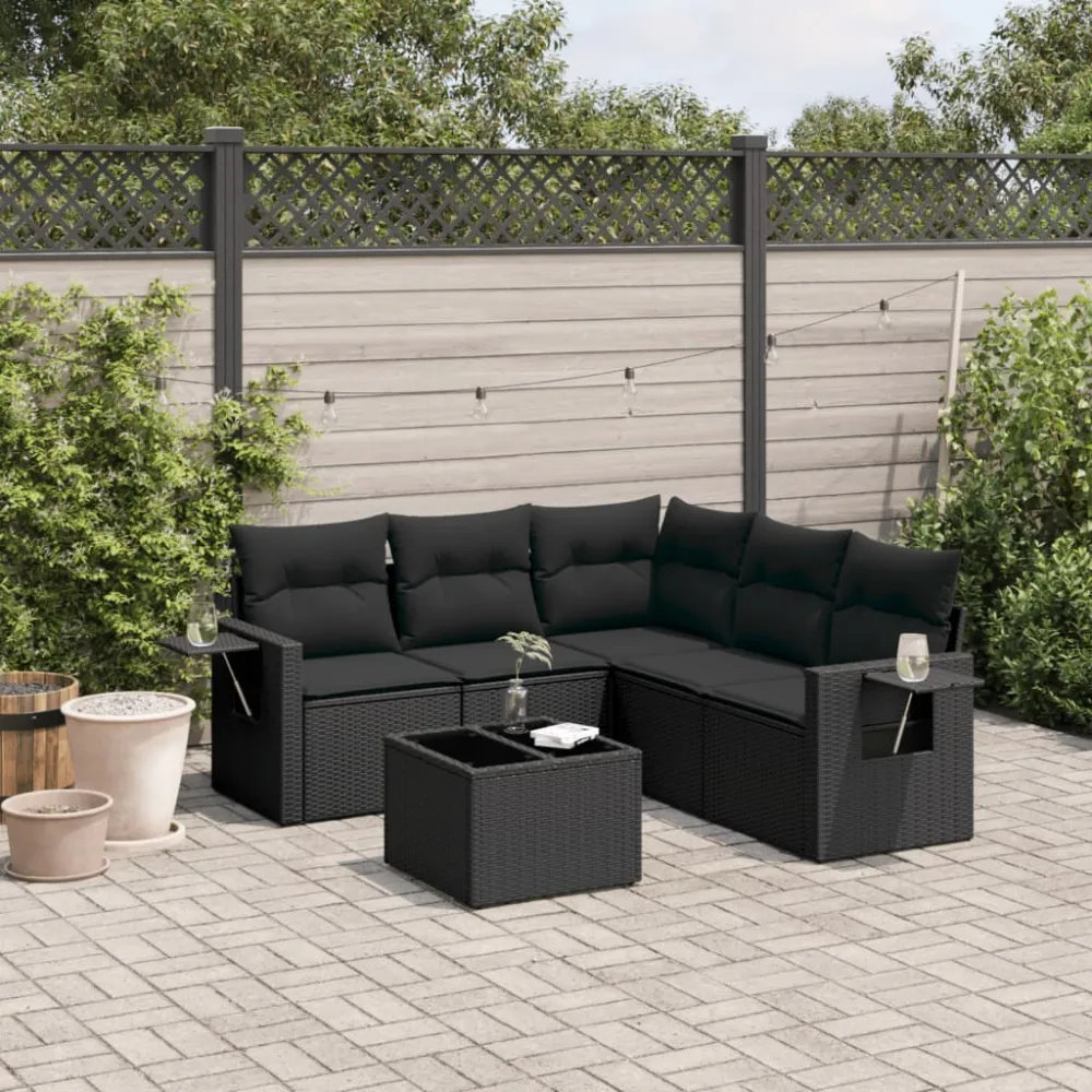 6-delige Loungeset met kussens poly rattan zwart vidaXL