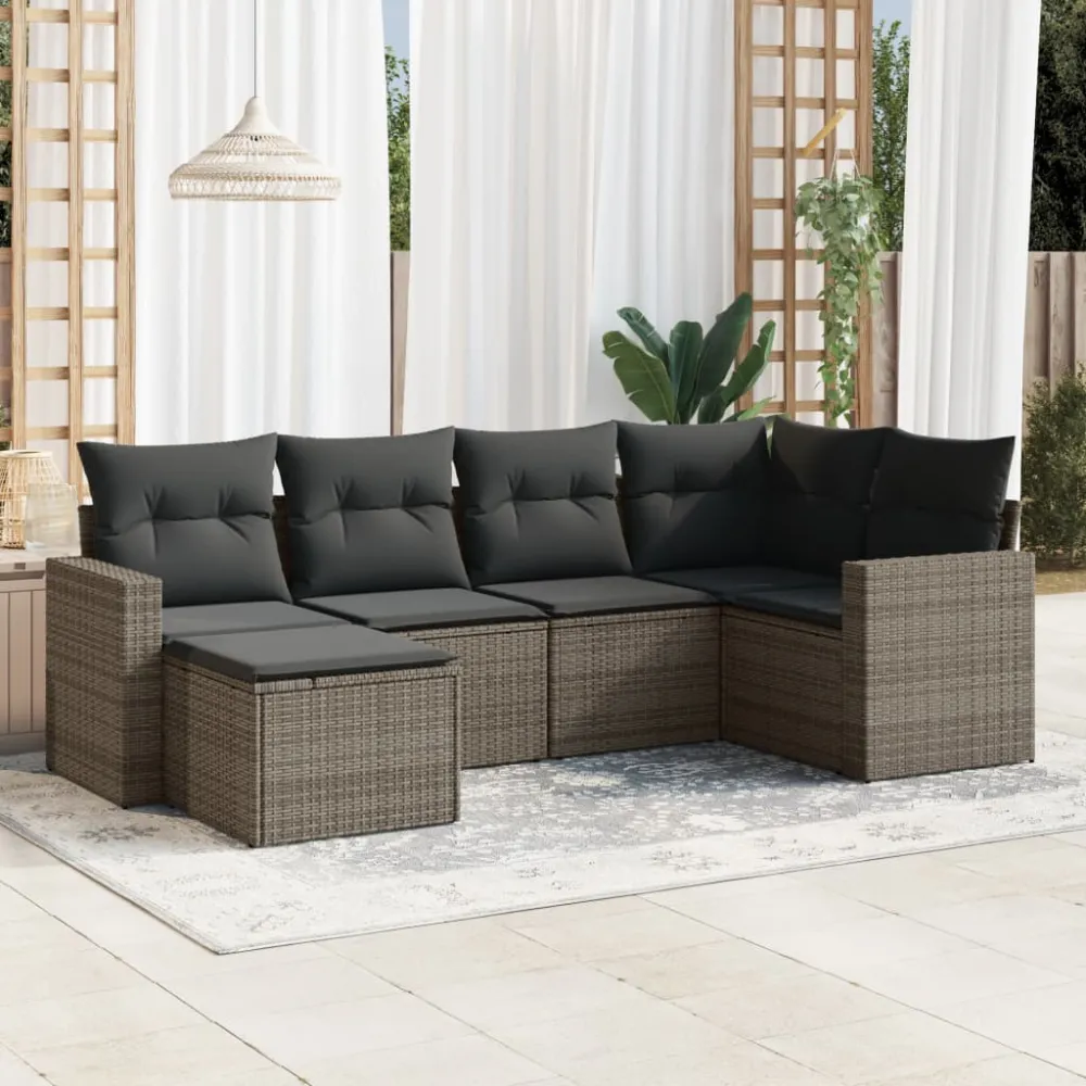 6-delige Loungeset met kussens poly rattan grijs vidaXL