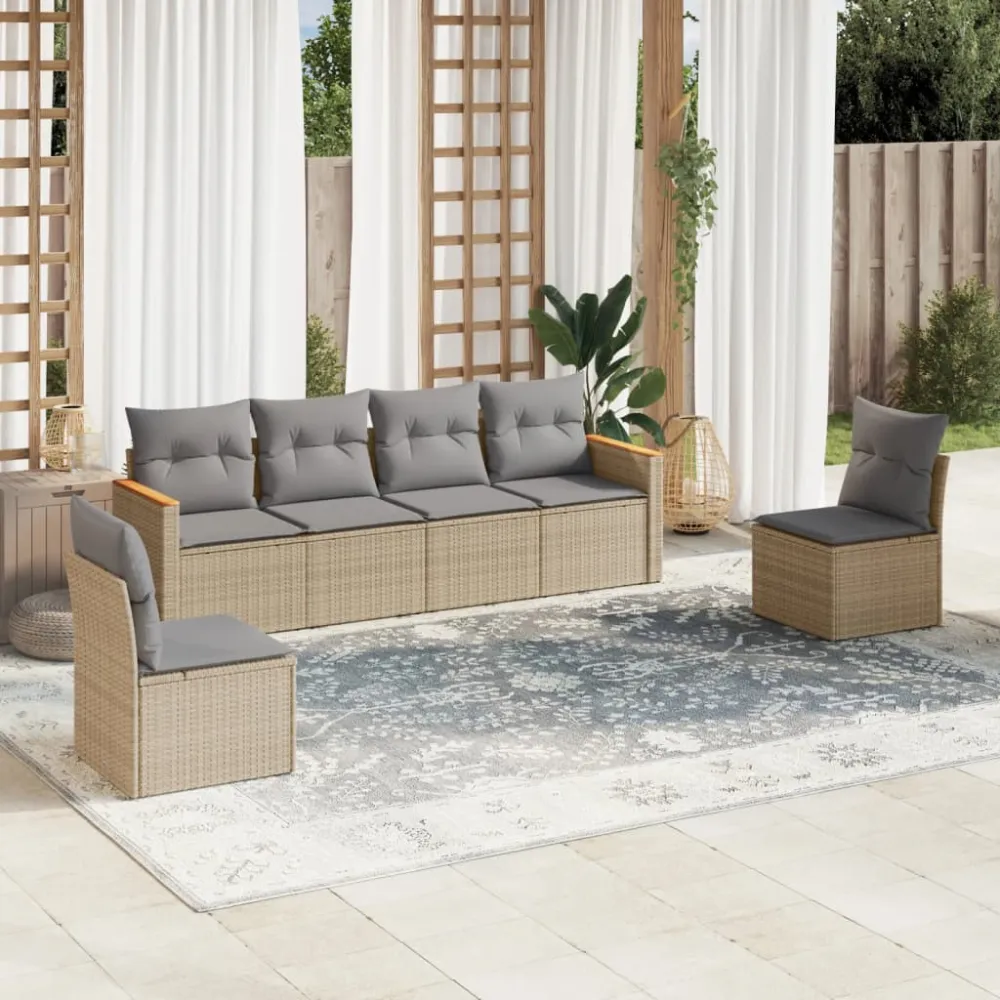 6-delige Loungeset met kussens poly rattan gemengd beige vidaXL