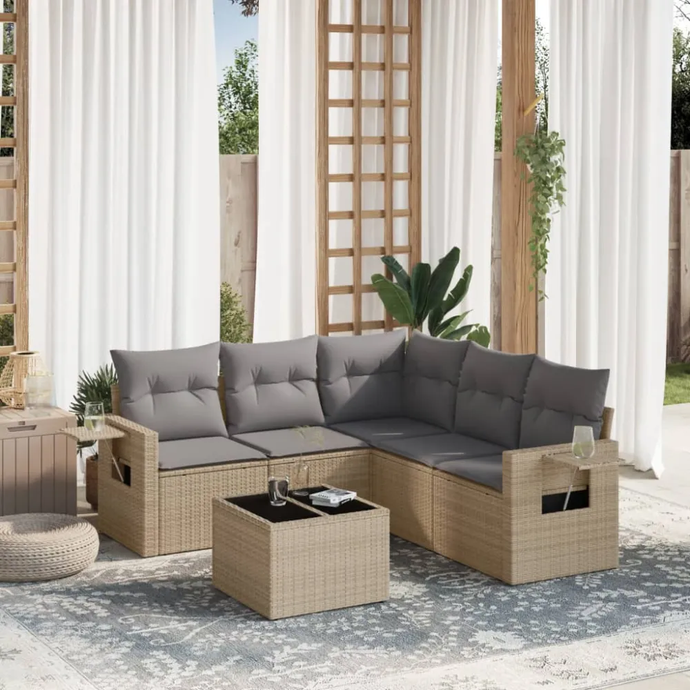 6-delige Loungeset met kussens poly rattan beige vidaXL