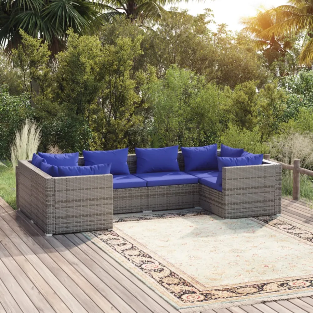 6-delige Loungeset met kussens poly rattan grijs vidaXL