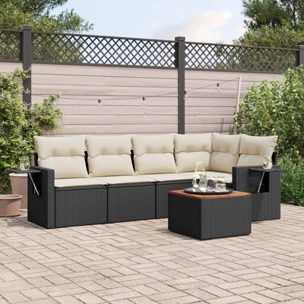 6-delige Loungeset met kussens poly rattan zwart vidaXL