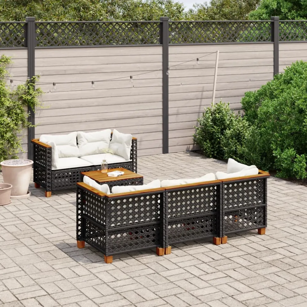 6-delige Loungeset met kussens poly rattan zwart vidaXL