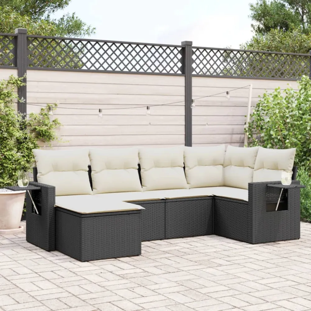 6-delige Loungeset met kussens poly rattan zwart vidaXL