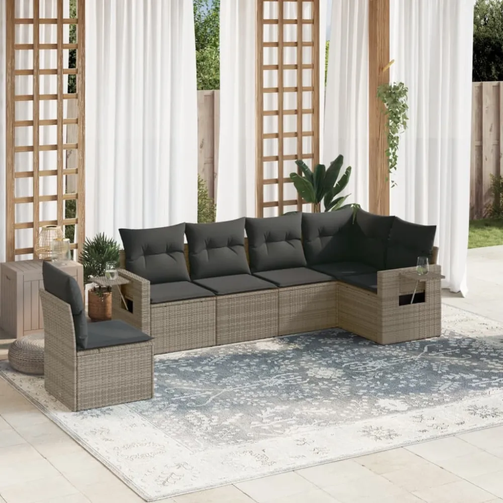 6-delige Loungeset met kussens poly rattan grijs vidaXL