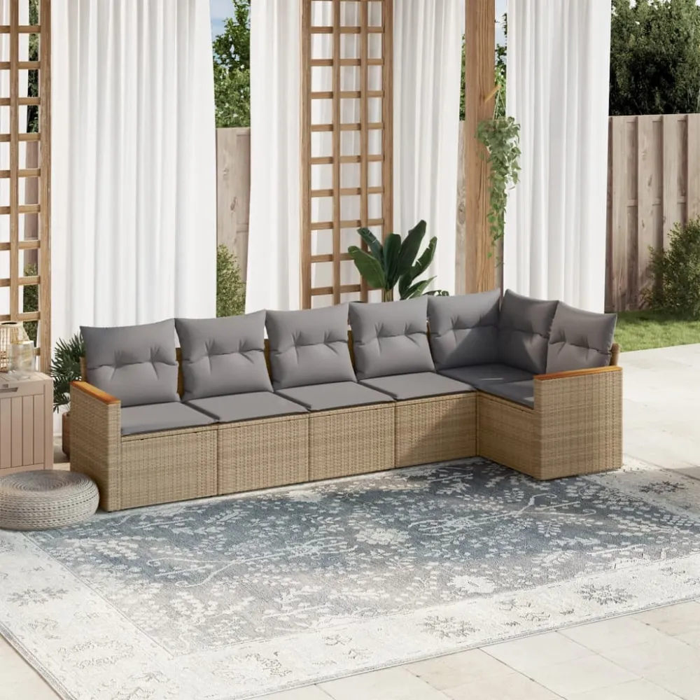 6-delige Loungeset met kussens poly rattan gemengd beige vidaXL