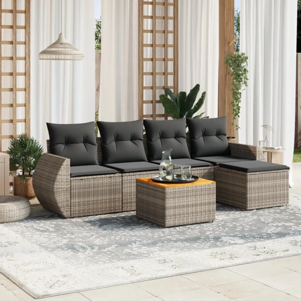 6-delige Loungeset met kussens poly rattan grijs vidaXL