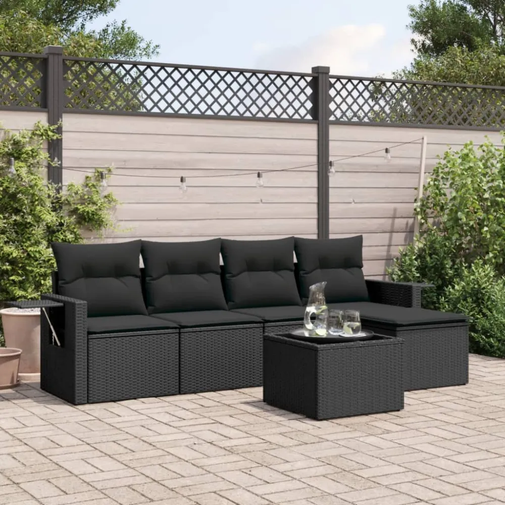 6-delige Loungeset met kussens poly rattan zwart vidaXL