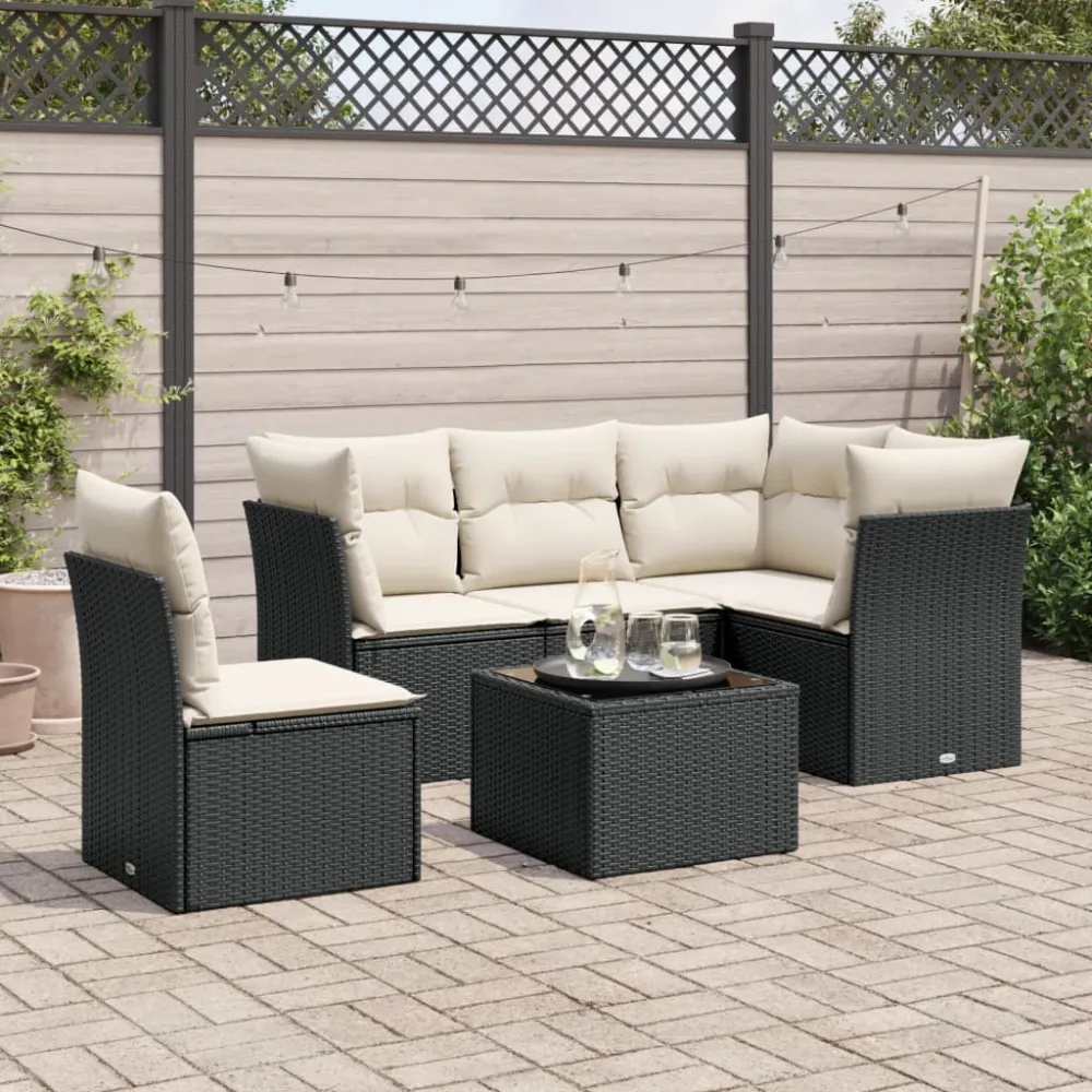6-delige Loungeset met kussens poly rattan zwart vidaXL