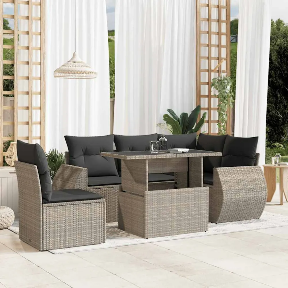 6-delige Loungeset met kussens poly rattan lichtgrijs vidaXL