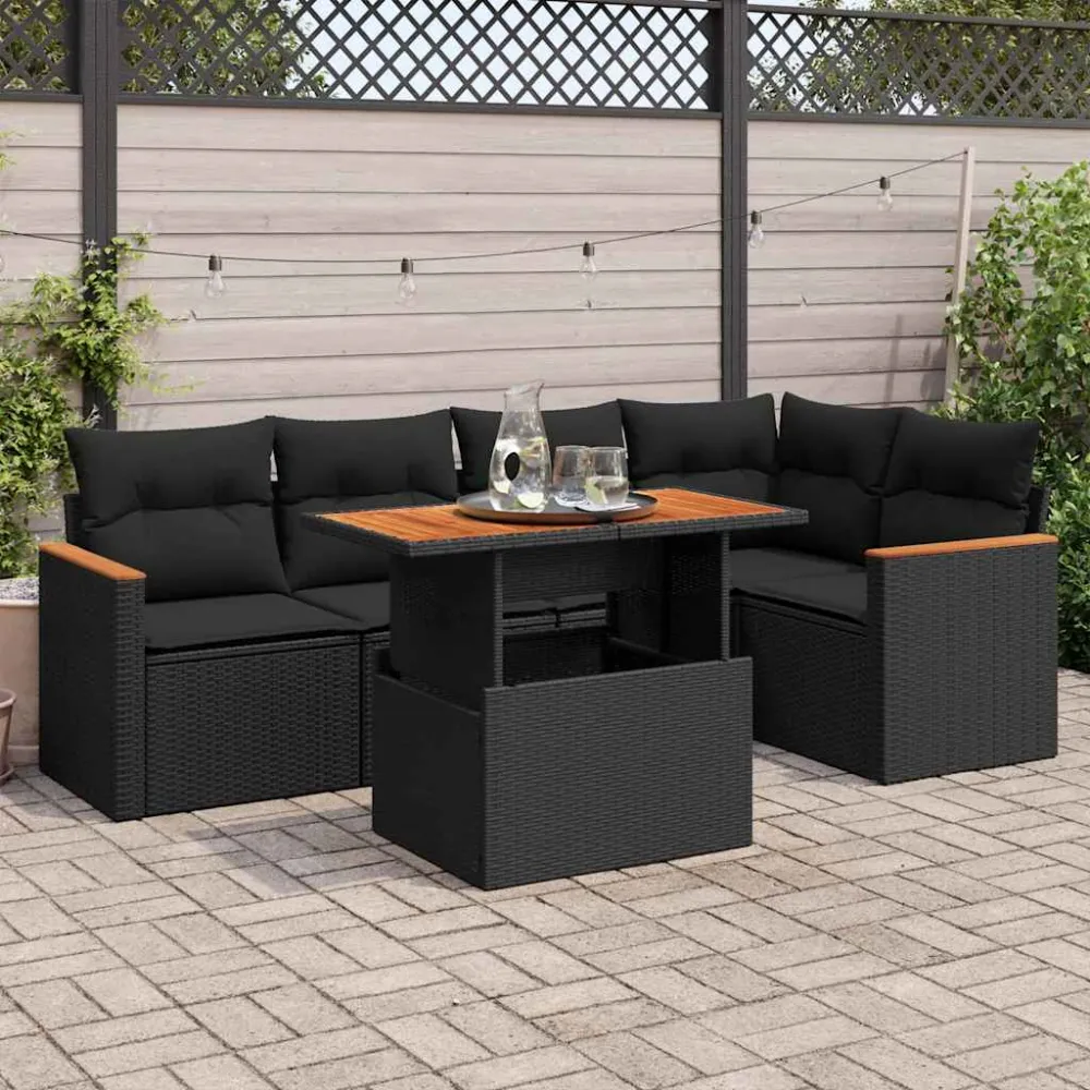 6-delige Loungeset met kussens poly rattan acacia zwart vidaXL