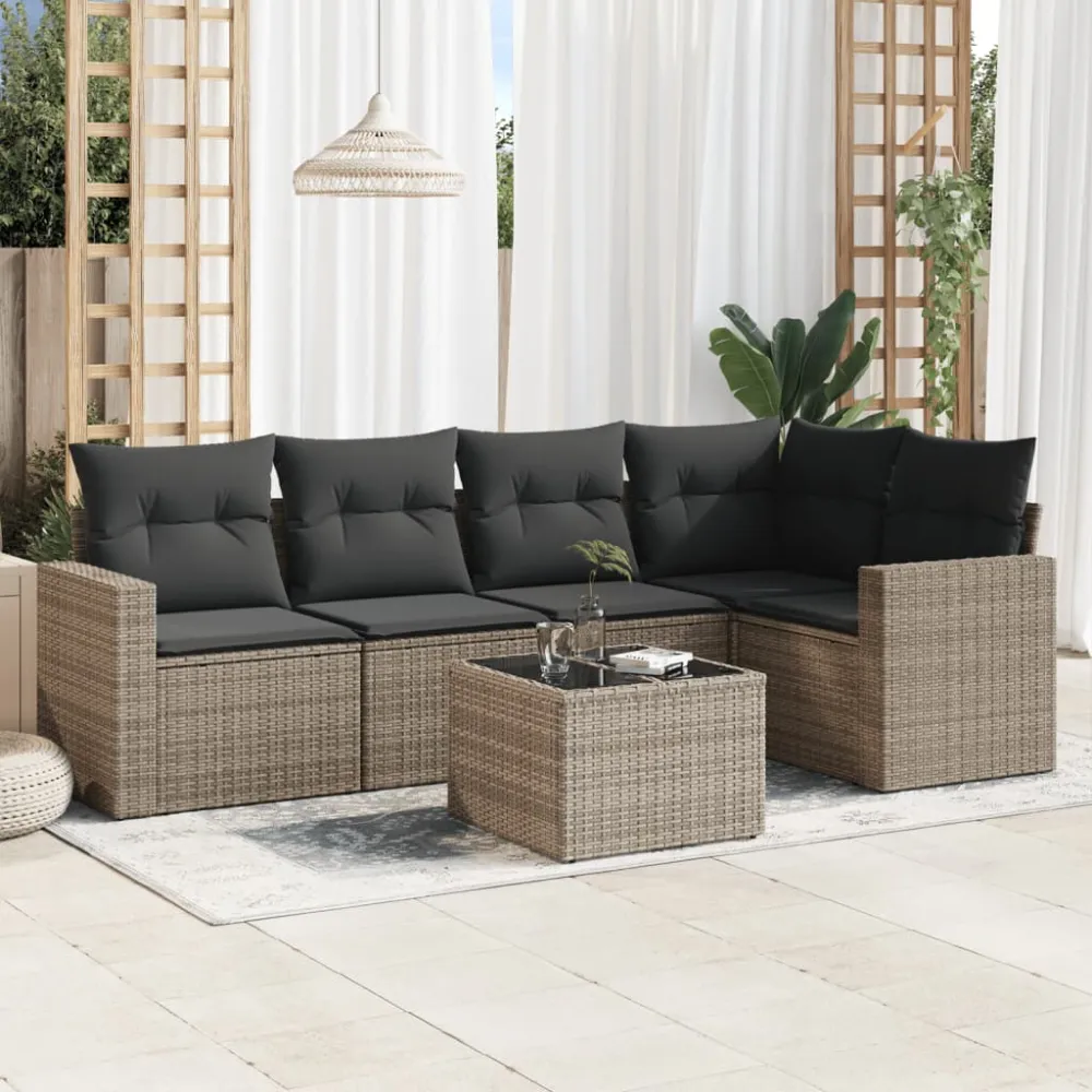 6-delige Loungeset met kussens poly rattan grijs vidaXL