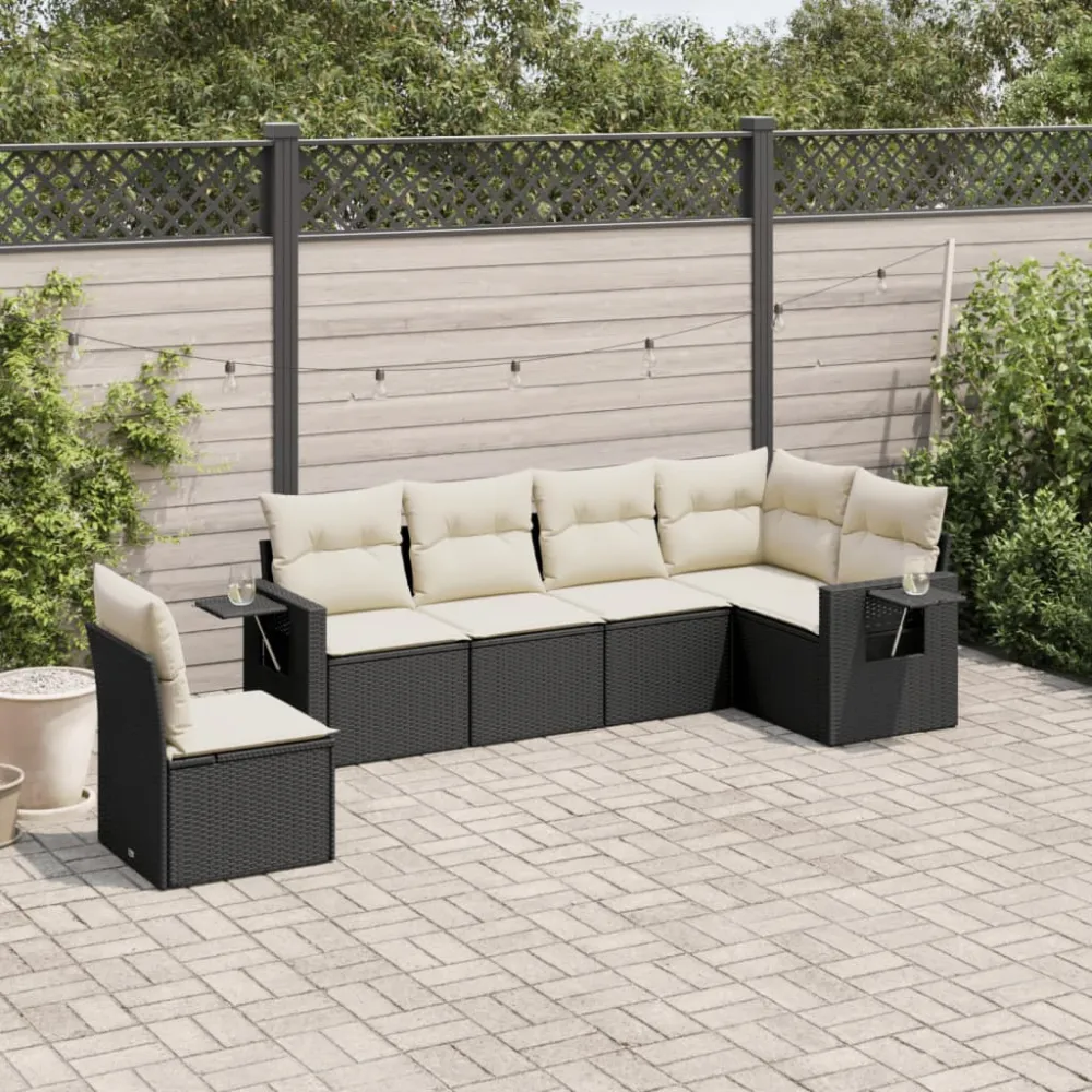 6-delige Loungeset met kussens poly rattan zwart vidaXL