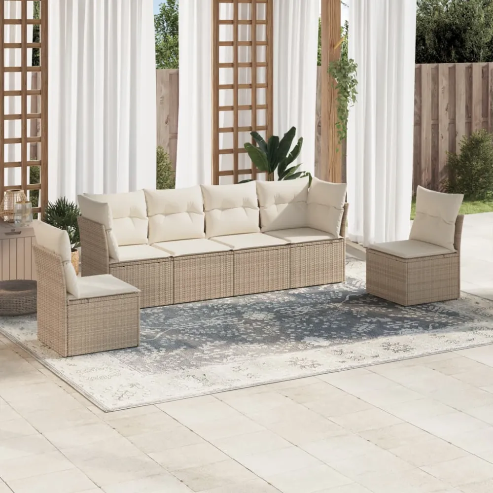 6-delige Loungeset met kussens poly rattan beige vidaXL