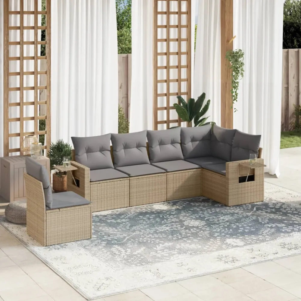6-delige Loungeset met kussens poly rattan beige vidaXL