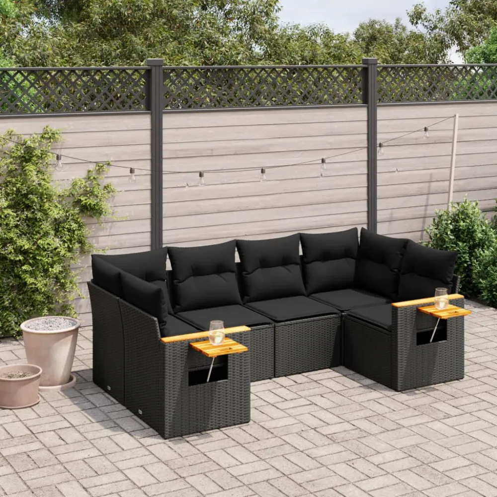 6-delige Loungeset met kussens poly rattan zwart vidaXL