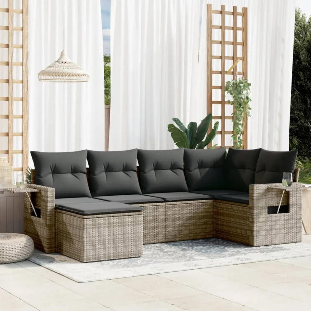 6-delige Loungeset met kussens poly rattan grijs vidaXL