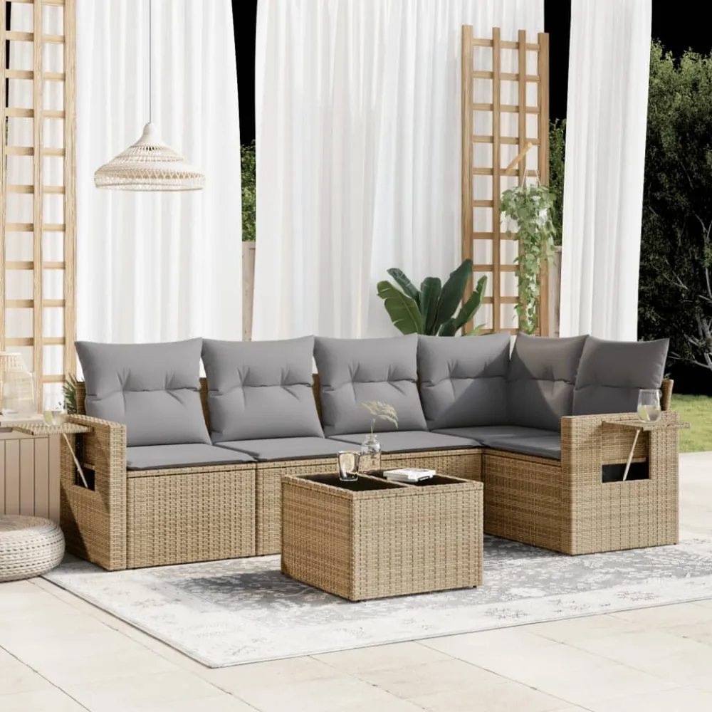 6-delige Loungeset met kussens poly rattan beige vidaXL