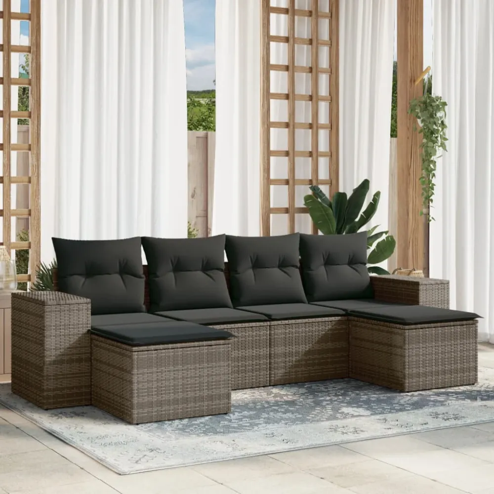 6-delige Loungeset met kussens poly rattan grijs vidaXL
